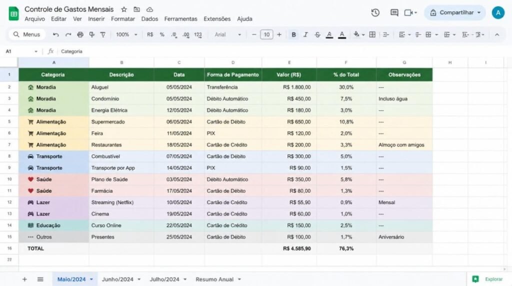  Google Sheets (gratuito, acessível pelo celular) ou no Excel