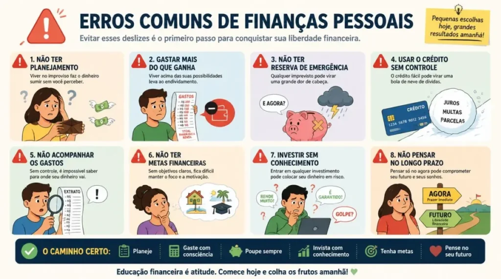 erros comuns educação financeira iniciantes Brasil
