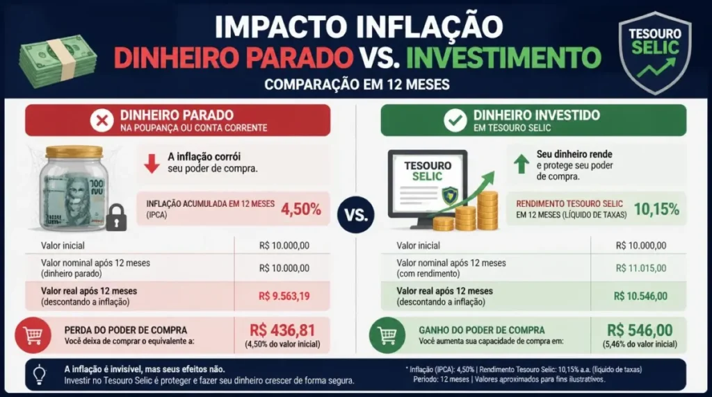 impacto inflação dinheiro parado comparação investimento