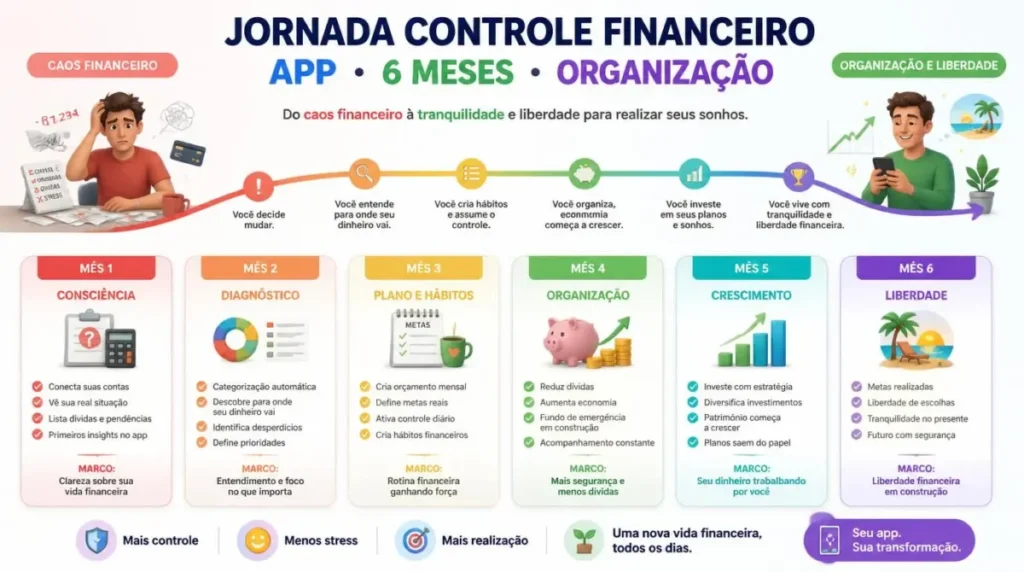jornada controle financeiro app 6 meses organização