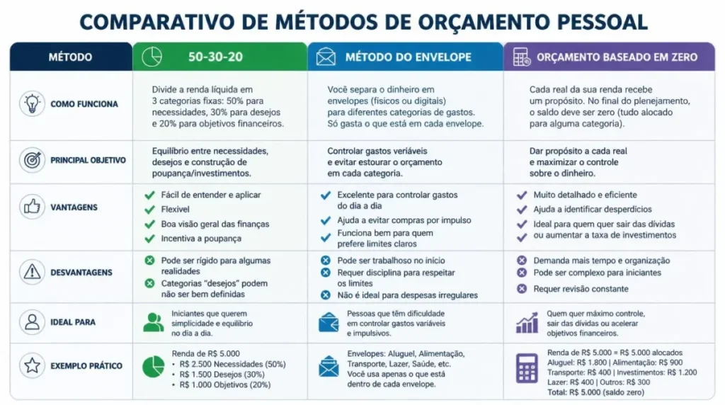 métodos orçamento pessoal 50-30-20 envelope baseado em zero