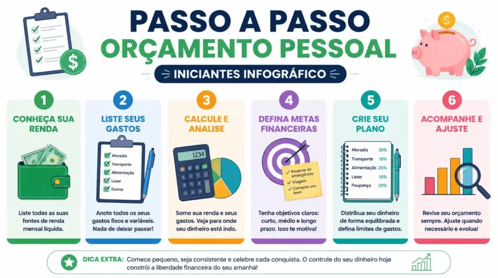passo a passo orçamento pessoal iniciantes infográfico