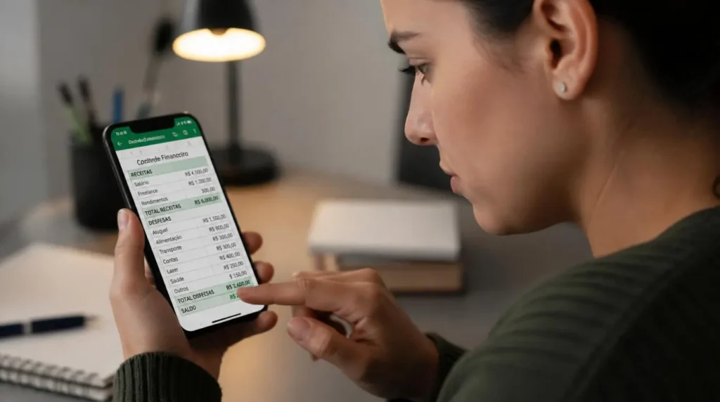 pessoa usando planilha de controle financeiro no celular