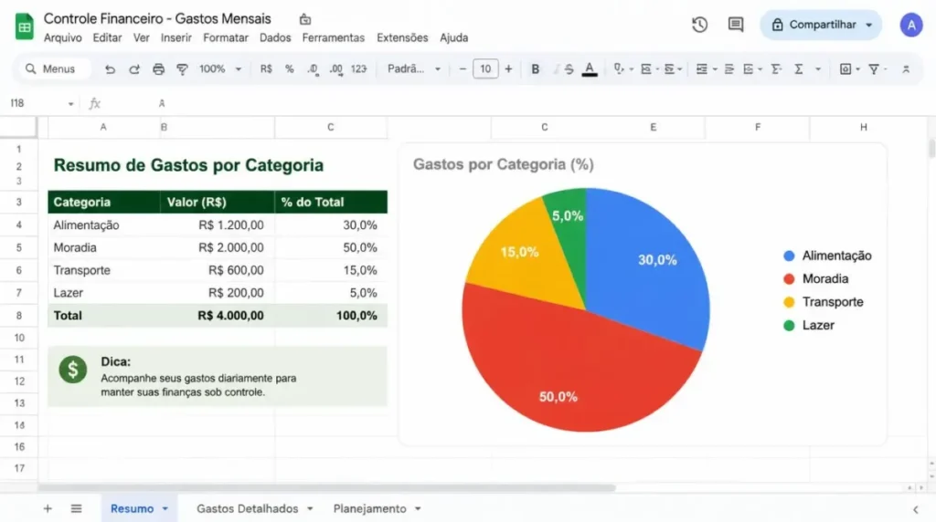 planilha controle financeiro grafico categorias gastos mensais