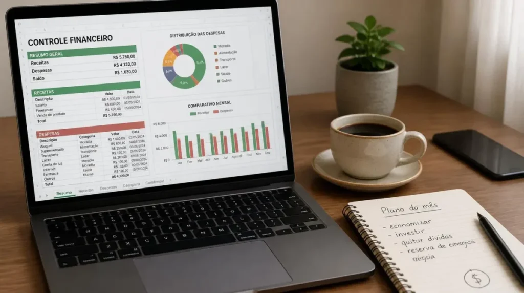 planilha de controle financeiro grátis aberta no computador